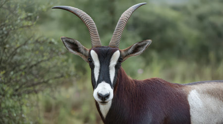 A beautiful antelope stands gracefully among the greenery during the early evening. Its striking horns create a memorable scene of wildlife.の素材