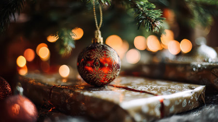 Decorative ornaments hang from a pine tree with beautifully wrapped gifts beneath shimmering with warm lights in a cozy atmosphere.の素材