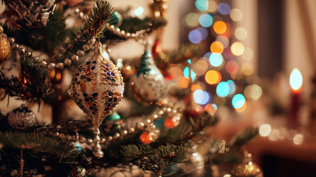 Colorful ornaments hang from a beautifully decorated tree casting a magical glow in a cozy room creating a festive atmosphere for the New Year.の素材