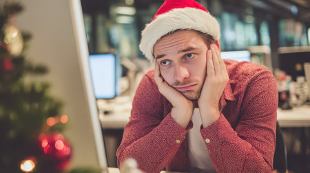 A man in a santa hat sits at his desk looking bored and stressed amidst New Year festivities surrounded by holiday decorations.の素材