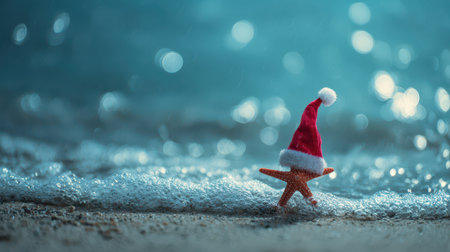 A cheerful starfish wearing a Santa hat sits by the water blending holiday cheer with the serene beach atmosphere as waves gently roll in.の素材