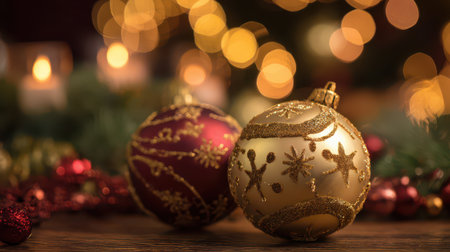 Beautifully crafted ornaments in rich colors rest on a wooden surface.の素材