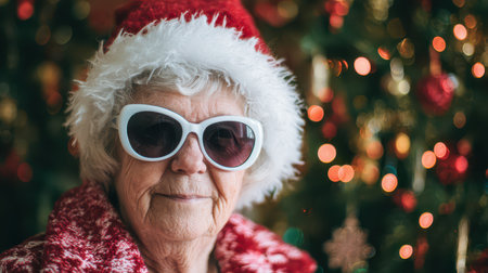 An older woman wears festive sunglasses and a cozy red outfit while smiling brightly during New Year celebrations.の素材