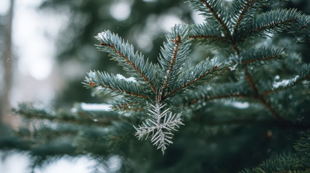 A single snowflake delicately rests on the branches of an evergreen tree amidst a serene winter landscape celebrating the beauty of the season.の素材