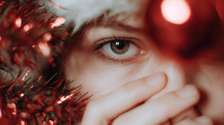 A young person peers through festive holiday decorations creating a mysterious and enchanting scene filled with New Year spirit and cheer.の素材