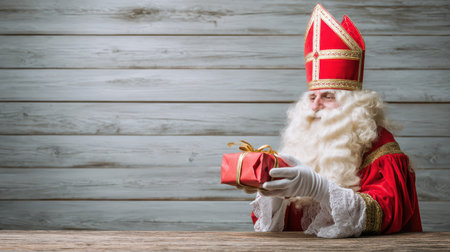 A festive man dressed in traditional red robes holds a beautifully wrapped gift. Joyful atmosphere fills the room as New Year approaches.の素材