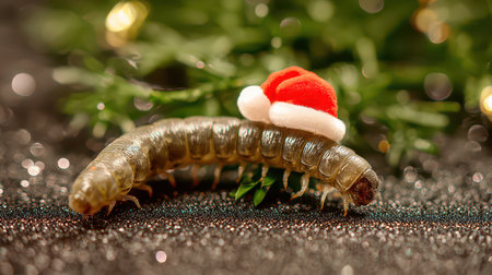 A curious caterpillar dons a tiny Santa hat capturing holiday spirit near festive greenery under charming lights celebrating the new year.の素材