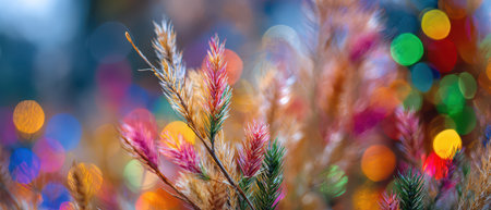 Vivid fleabanes shine among bright bokeh lights bringing a joyful spirit to Christmas and New Year celebrations in a charming outdoor setting.の素材