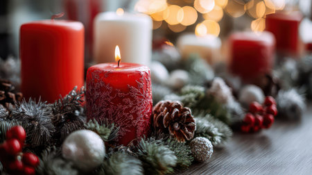 Soft candle light fills the room surrounded by pine cones and holiday decorations setting a cozy vibe for celebrating the new year.の素材