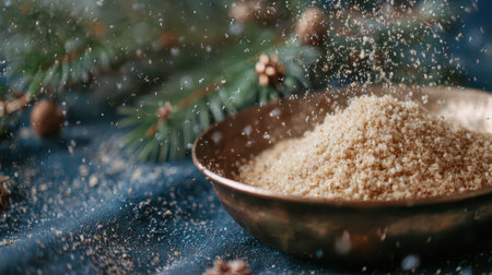 Golden sugar sparkles in sunlight surrounded by pine branches and tiny cones creating a warm holiday atmosphere for New Year celebrations.の素材