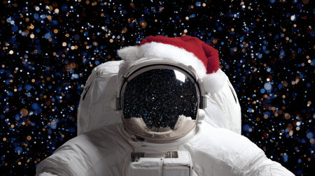 An astronaut dressed for the holidays floats through a starry expanse wearing a bright red Santa hat and surrounded by sparkling lights.の素材