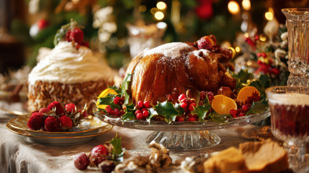 A beautiful New Year table features a succulent turkey rich desserts vibrant fruits and lively decorations.の素材