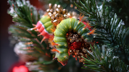 Bright green caterpillars crawl among ornaments on a holiday tree adding an unexpected touch to New Year celebrations and winter cheer.の素材