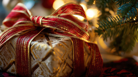 A golden and red present sits beautifully wrapped next to a twinkling Christmas tree creating a warm holiday atmosphere filled with joy.の素材