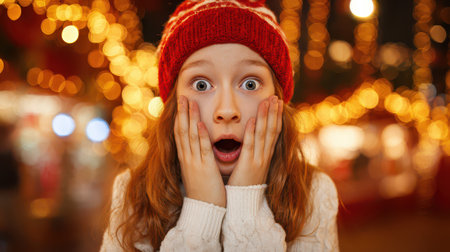 A young girl with a red hat shows joy and surprise during New Year festivities surrounded by shimmering lights.の素材