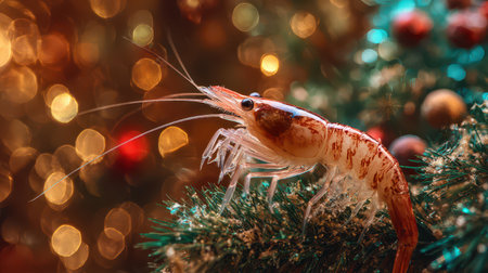 A vibrant shrimp perches on a green branch adorned with shining ornaments capturing the warm spirit of New Year celebrations.の素材