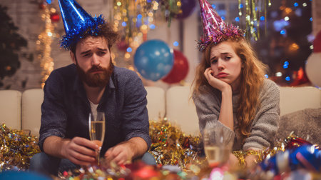 A couple sits on a couch surrounded by colorful decorations looking disappointed during their New Year party. They wear festive hats and hold drinks.の素材