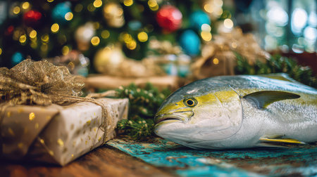 A fresh fish lies on a rustic table near colorful presents capturing a festive and joyful holiday vibe.の素材