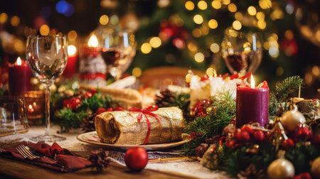 A beautifully arranged table for a New Year gathering complete with sparkling candles festive decorations and a gold wrapped gift.の素材