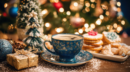 A cozy scene filled with holiday cheer showcases a decorated cup of hot drink alongside festive cookies on a table adorned with a Christmas tree.の素材