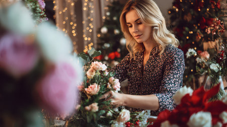 A woman carefully arranges flowers to create beautiful decorations for the New Year festivities in a warmly lit indoor setting.の素材