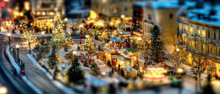 Festive lights glow as people gather in a snowy scene celebrating the New Year with joy laughter and holiday spirit under twinkling trees.の素材