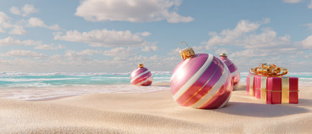Colorful ornaments and gifts decorate the sandy shore bringing holiday spirit to the warm beach setting during the New Year celebration.の素材