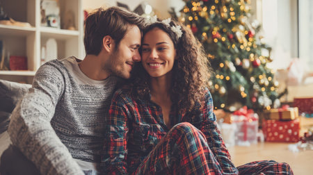 A couple enjoys a warm evening together during the holidays surrounded by a lit Christmas tree and festive decorations sharing smiles and laughter.の素材