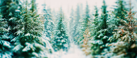 A beautiful forest blanketed in snow showcases tall pine trees. The scene evokes festive joy and tranquility of Christmas holidays.の素材