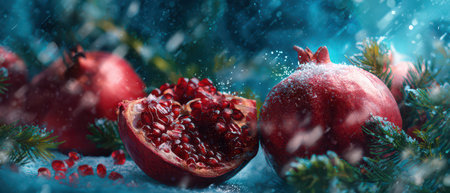 In a winter scene bright red pomegranates sit nestled among pine branches showcasing their juicy seeds capturing the spirit of the holidays.の素材