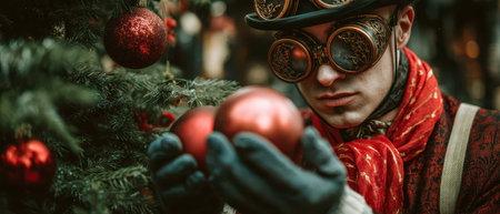 A festive scene shows a person in steampunk attire admiring red ornaments on a Christmas tree capturing the holiday magic and joy.の素材