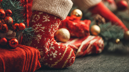 A cozy red stocking with snowflakes sits next to shimmering gifts surrounded by festive greenery capturing New Yearの素材