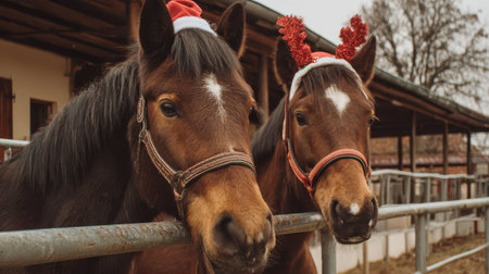 Two cheerful horses wearing holiday hats stand close together in a cozy barn. Their festive decorations bring joy ready for New Years celebrations.の素材