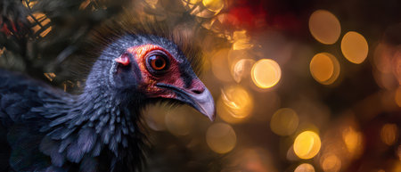 A striking curassow with vibrant plumage stands proud in festive lights reflecting the enchanting spirit of the New Year celebration.の素材