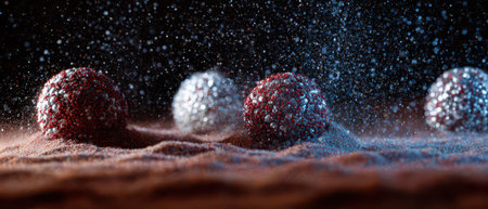 Glittery decorations of red and silver rest on soft sand showcasing intricate textures in a festive atmosphere. New Year spirit fills the air.の素材