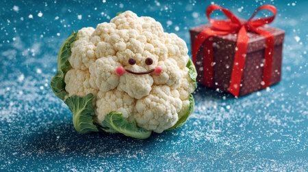 A cheerful cauliflower with a smiling face stands beside a wrapped gift surrounded by sparkling snowflakes on a blue surface.の素材