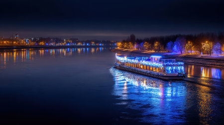 A festive boat glides smoothly on a serene river adorned with bright blue lights reflecting the joyful spirit of the New Year night.の素材