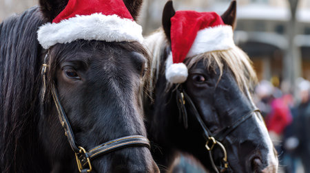 Two beautiful horses adorned with red Santa hats stand joyfully in a festive setting ready to celebrate the New Year in style.の素材