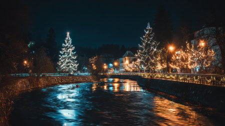 Twinkling lights illuminate the riverside showcasing vibrant trees and shimmering water on a magical New Yearの素材