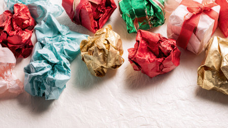 A vibrant assortment of crumpled gift wrappers in red green pink and gold rests on a textured white surface evoking festive cheer for New Year.の素材