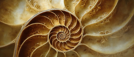 Swirling golden patterns reflect the beauty of a nautilus shell celebrating natures design during the festive New Year season in a studio.の素材