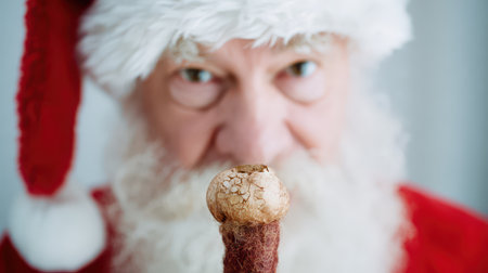 Santa Claus with his red suit and white beard holds a festive object close to his face radiating holiday cheer for the New Year.の素材