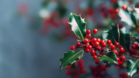 Bright red holly berries shine amidst green leaves capturing the festive spirit of the New Year celebration and holiday season.の素材