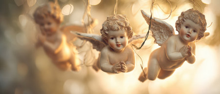 Cherubic angels adorn a festive scene captured in warm natural light celebrating the joy of Christmas and New Year festivities.の素材