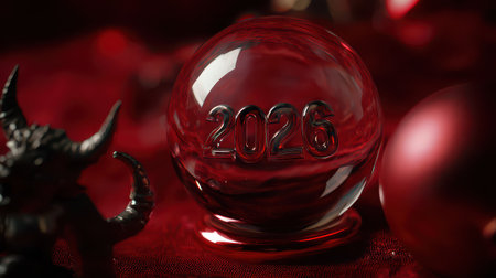 A crystal ball marked with the year 2026 glimmers amid festive decorations. The scene evokes anticipation and excitement for new beginnings.の素材