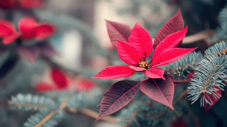 Vibrant red poinsettias add colorful charm to a festive New Year setting surrounded by greenery creating a warm and inviting atmosphere.の素材