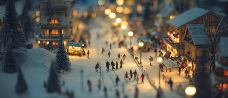 A bustling winter scene displays people celebrating New Year amidst snowy streets and charming lights.の素材
