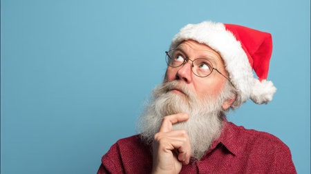 An elderly man in a red Santa hat gazes upwards pondering holiday thoughts while surrounded by a cheerful blue background.の素材