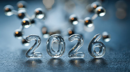 Clear glass numbers representing 2026 shine brightly capturing hope and excitement for the New Year ahead in a stylish setting.の素材