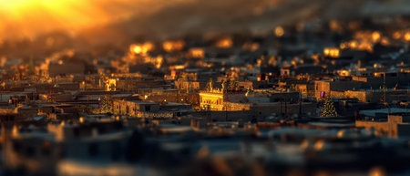Golden sunlight bathes a quaint city as tiny Christmas trees sparkle marking the spirit of the holiday season at dusk.の素材